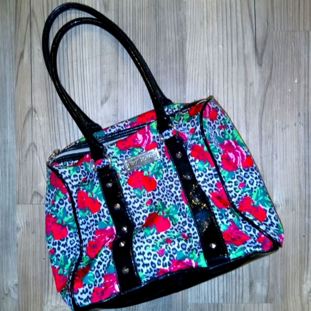Betsey Johnson Nylon Floral Rose Leopard Studded Patent Satchel Speedy Handbag